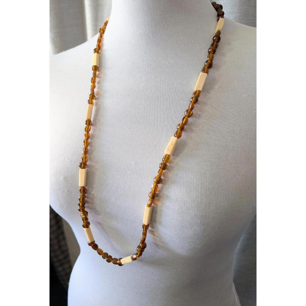 Vintage Long Brown Glass Bone Single Strand Beaded Necklace